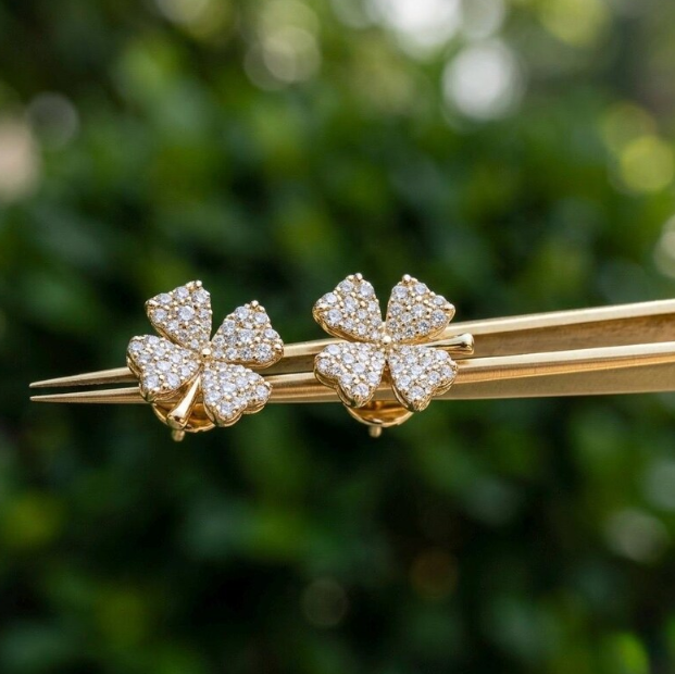 0.50 CTW Real Natural Diamond Four Leaf Clover Earrings, Gold Clover Diamond Stud Earrings, Lucky Charm Jewelry, Pave Diamond Floral Studs