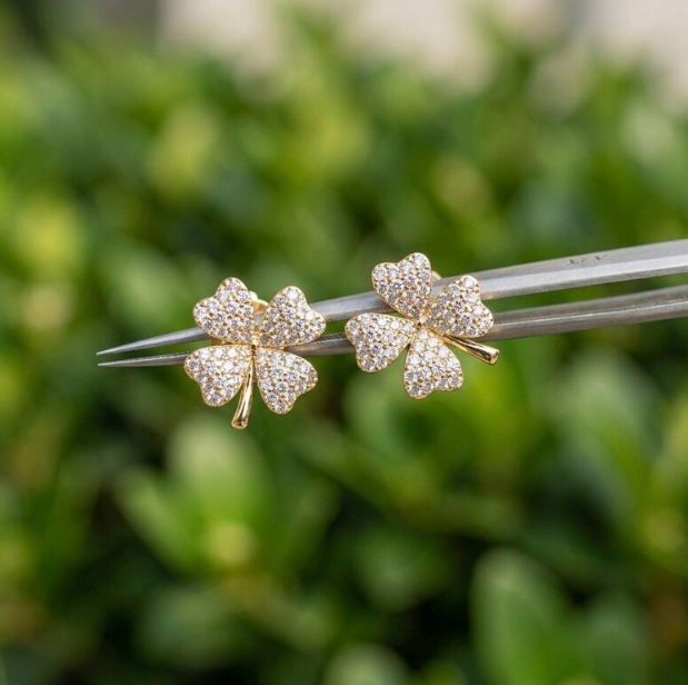 0.50 CTW Real Natural Diamond Four Leaf Clover Earrings, Gold Clover Diamond Stud Earrings, Lucky Charm Jewelry, Pave Diamond Floral Studs