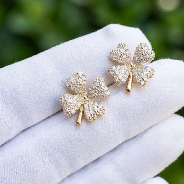 0.50 CTW Real Natural Diamond Four Leaf Clover Earrings, Gold Clover Diamond Stud Earrings, Lucky Charm Jewelry, Pave Diamond Floral Studs