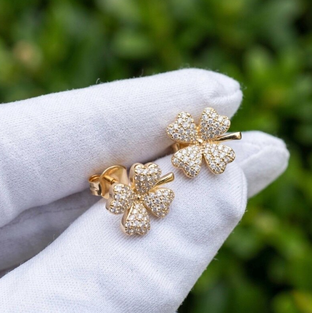 0.50 CTW Real Natural Diamond Four Leaf Clover Earrings, Gold Clover Diamond Stud Earrings, Lucky Charm Jewelry, Pave Diamond Floral Studs