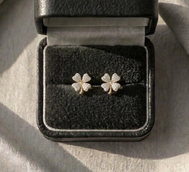 0.50 CTW Real Natural Diamond Four Leaf Clover Earrings, Gold Clover Diamond Stud Earrings, Lucky Charm Jewelry, Pave Diamond Floral Studs