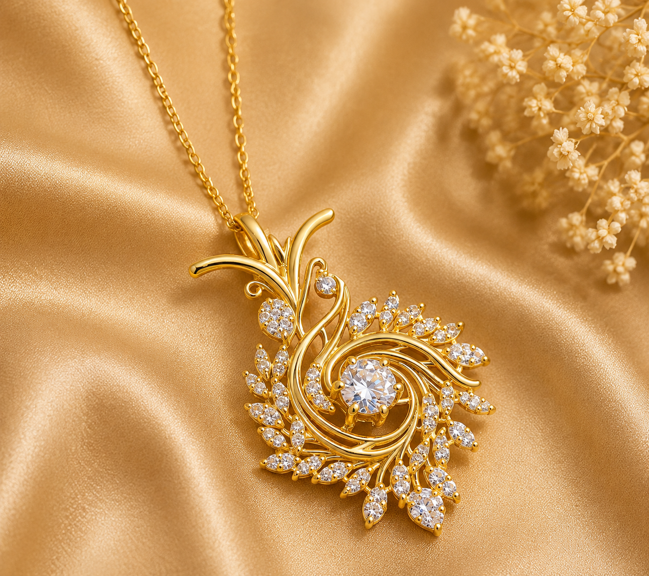 Round Diamond Pendant Necklace | 18K Yellow Gold Leaf Design, Nature Inspired Fine Jewelry