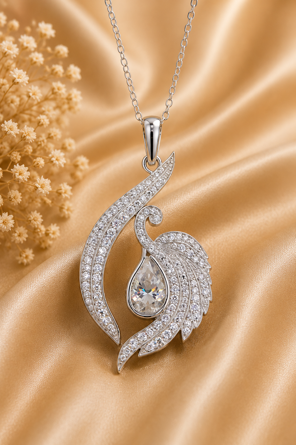 Pear Cut Diamond Swan Pendant Necklace | 18K Yellow Gold Elegant Jewelry